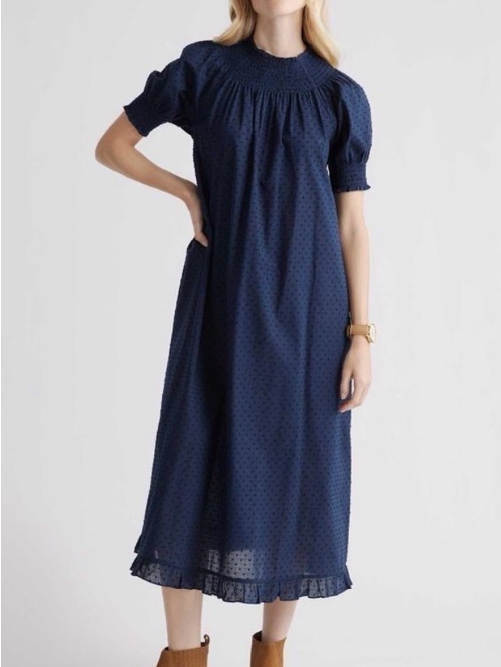 Quince Cotton Swiss Dot midi dress in charcoal